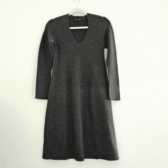 Hannes Roether Gemany Grey Marino Wool Ribbed V-Neck Sweater Dress - Picture 1 of 16